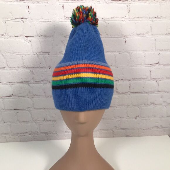 Vintage Meister Knit Beanie Ski Hat 100% New Wool Rainbow Stripe Pompom Ball - Picture 3 of 8
